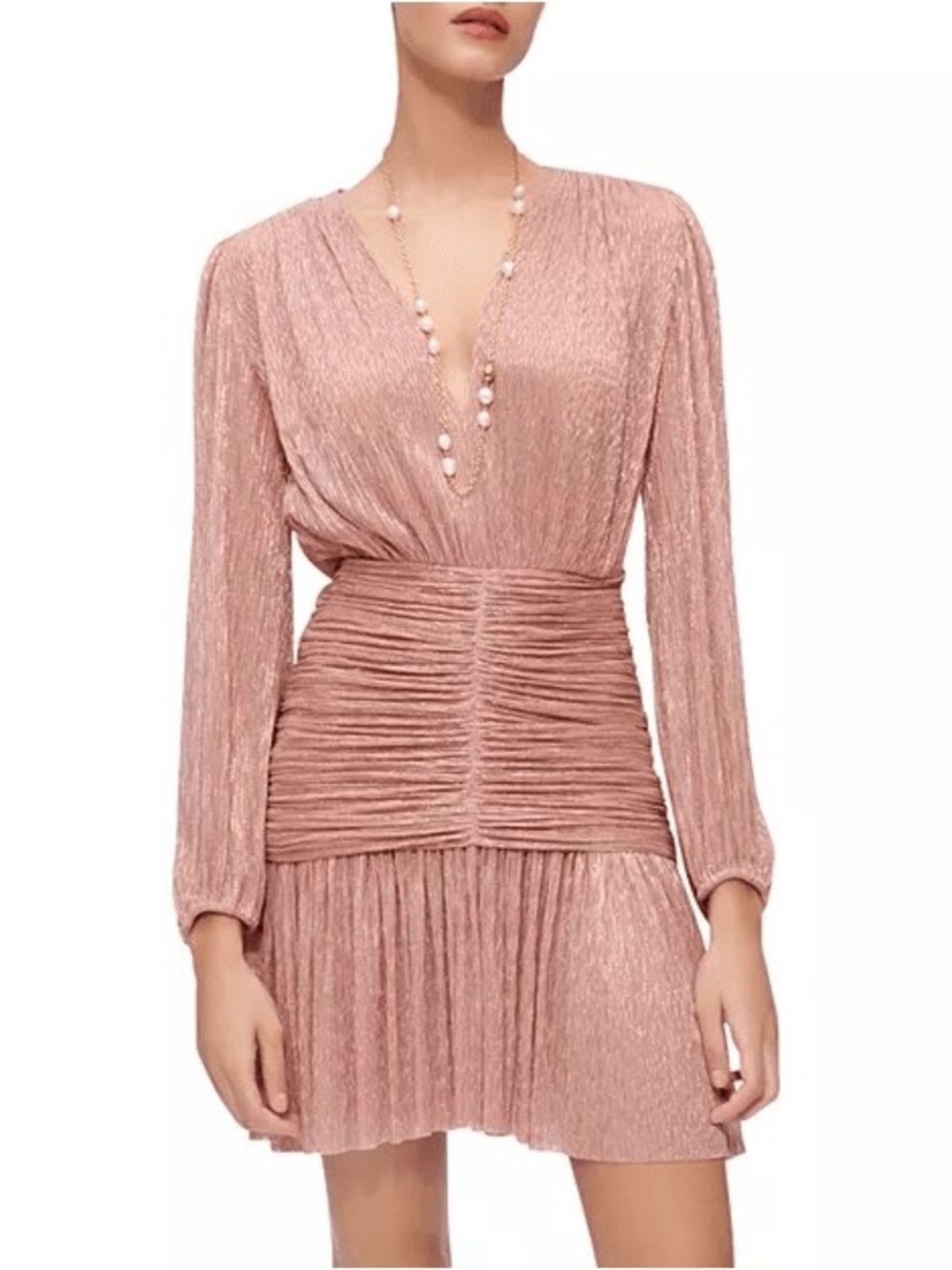 Maje Rosina Ruched V-Neck Lame Mini Dress in Dusty Rose